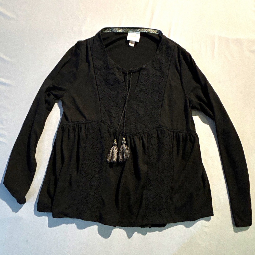 Knox Rose Womens Black Lace Peasant Top Long Sleeve Tassel Tie Blouse XS